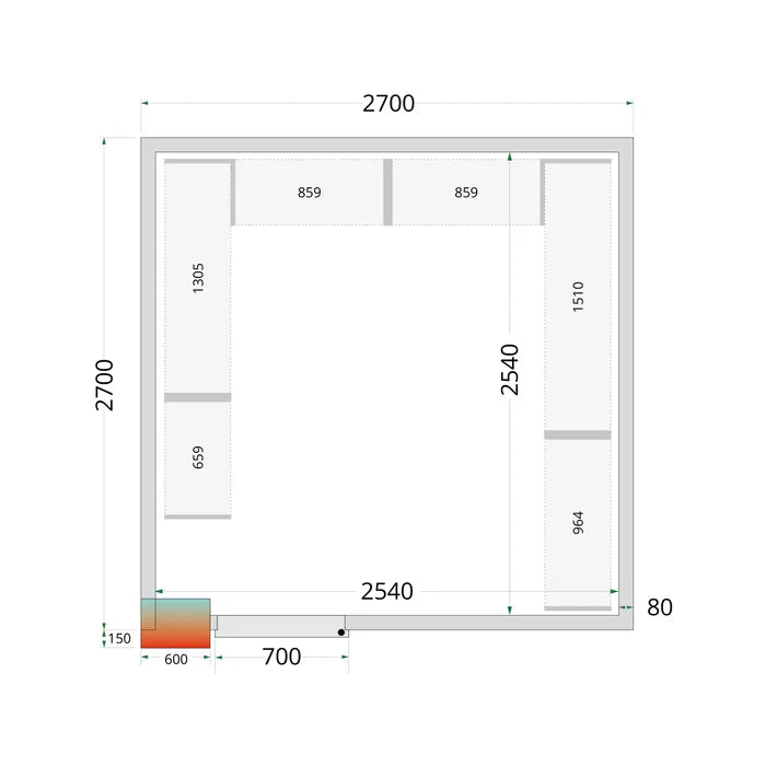Tefcold CRPF kølerum 270 cm bred – plantegning og mål