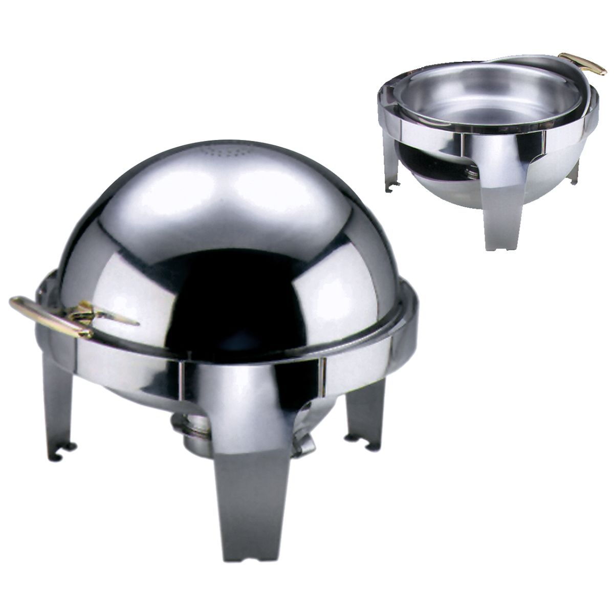 Rund rolltop chafing dish i spejlpoleret stål med guldhåndtag