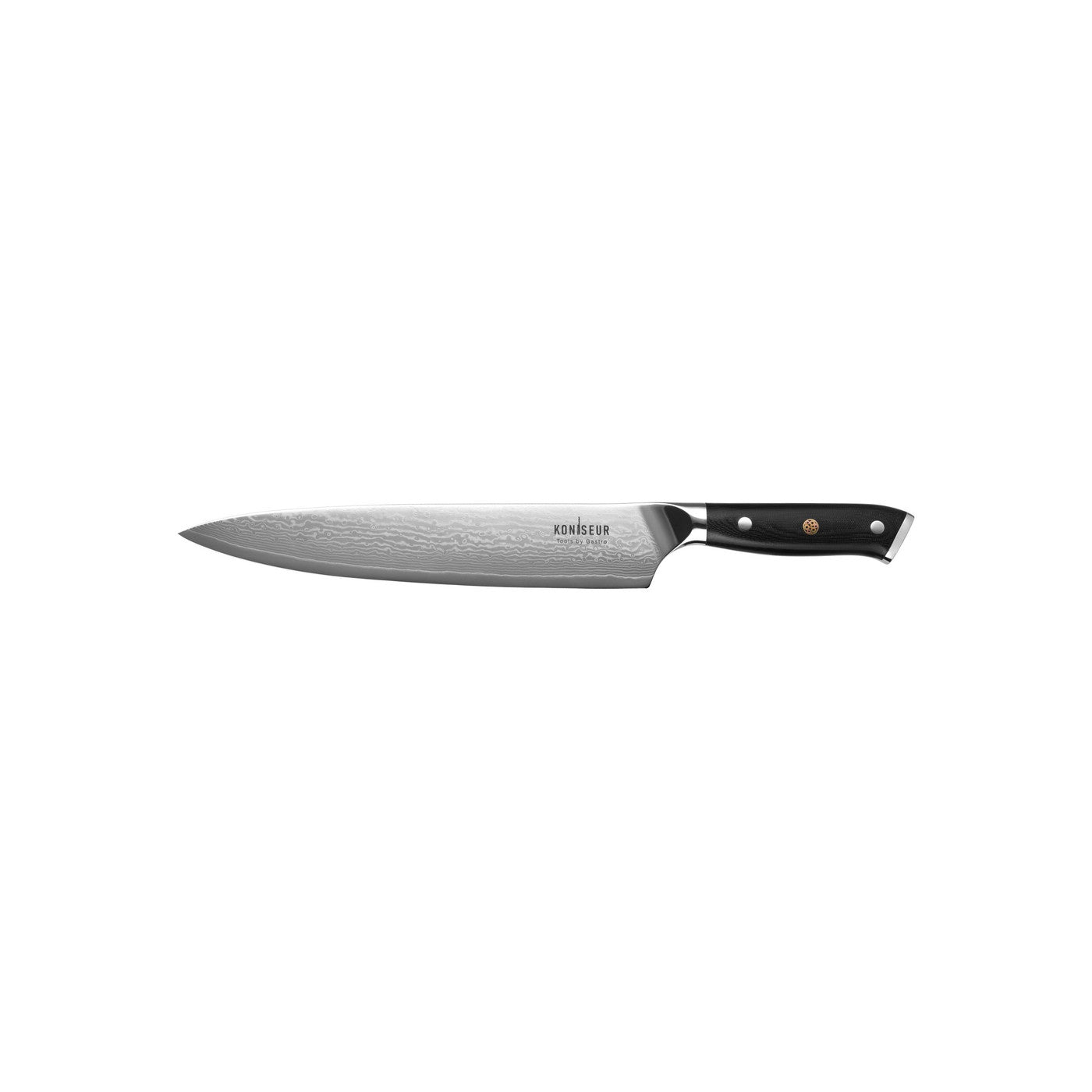 Kokkekniv 24 cm Koniseur - detalje af damaskusmønster og G10-skæfte