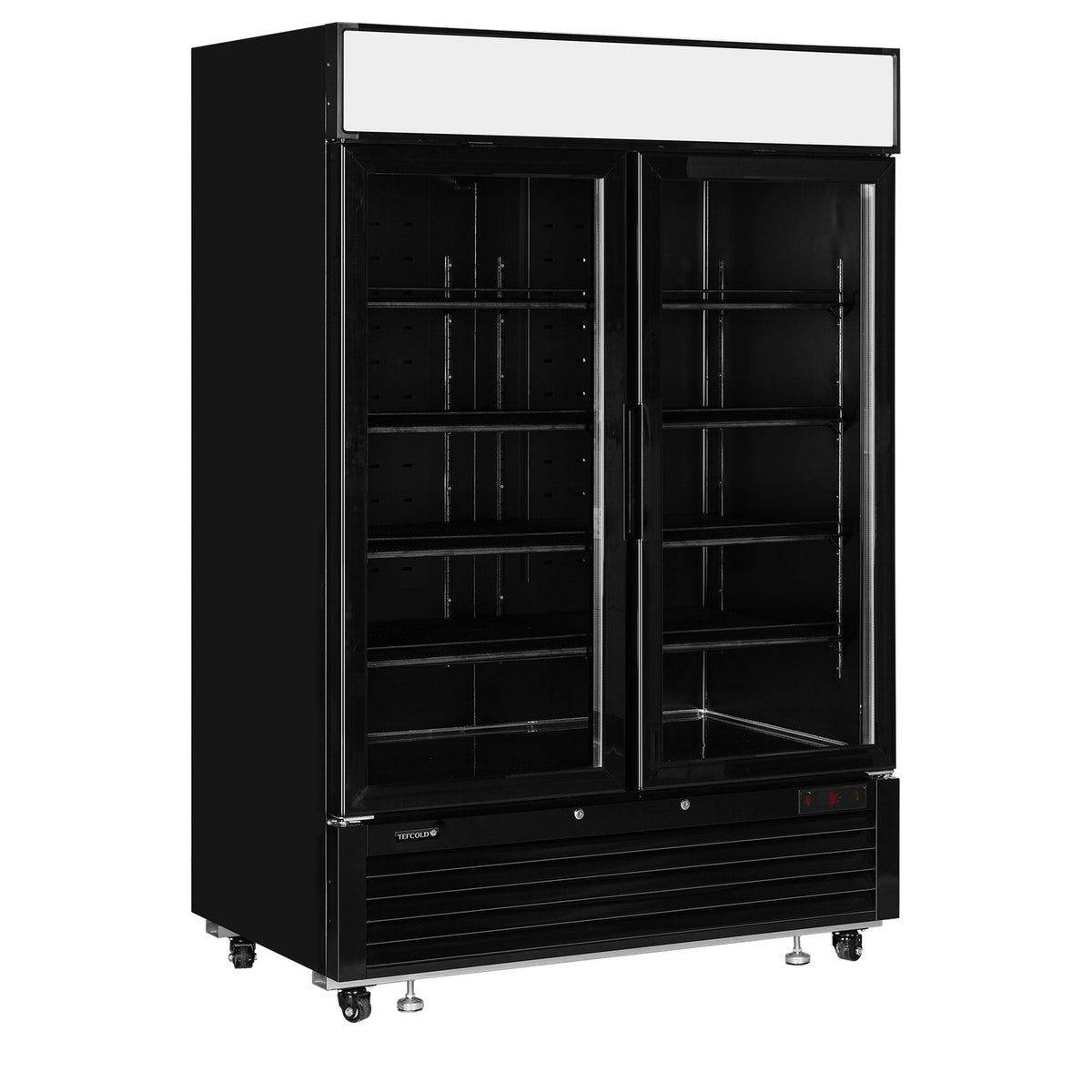 Sort displaykøler med 2 glasdøre og lystop 138 cm