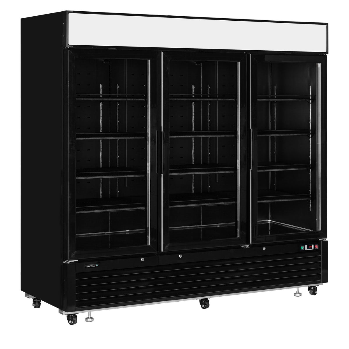 Sort displaykøler med 3 glasdøre og lystop 208 cm